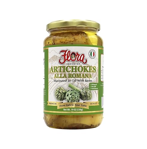 Flora Foods Alla Romana - Alcachofas marinadas en aceite con tallos  19 oz (530g)  Importadas de Italia, totalmente naturales, sin OMG, cosecha