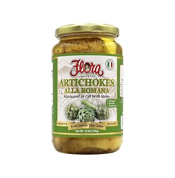 Flora Foods Artichokes Alla Romana | Marinated in Oil With Stems | 19 oz 530g | Imported from Italy, All Natural, Non GMO, Fresh Harvest | Premium Quality