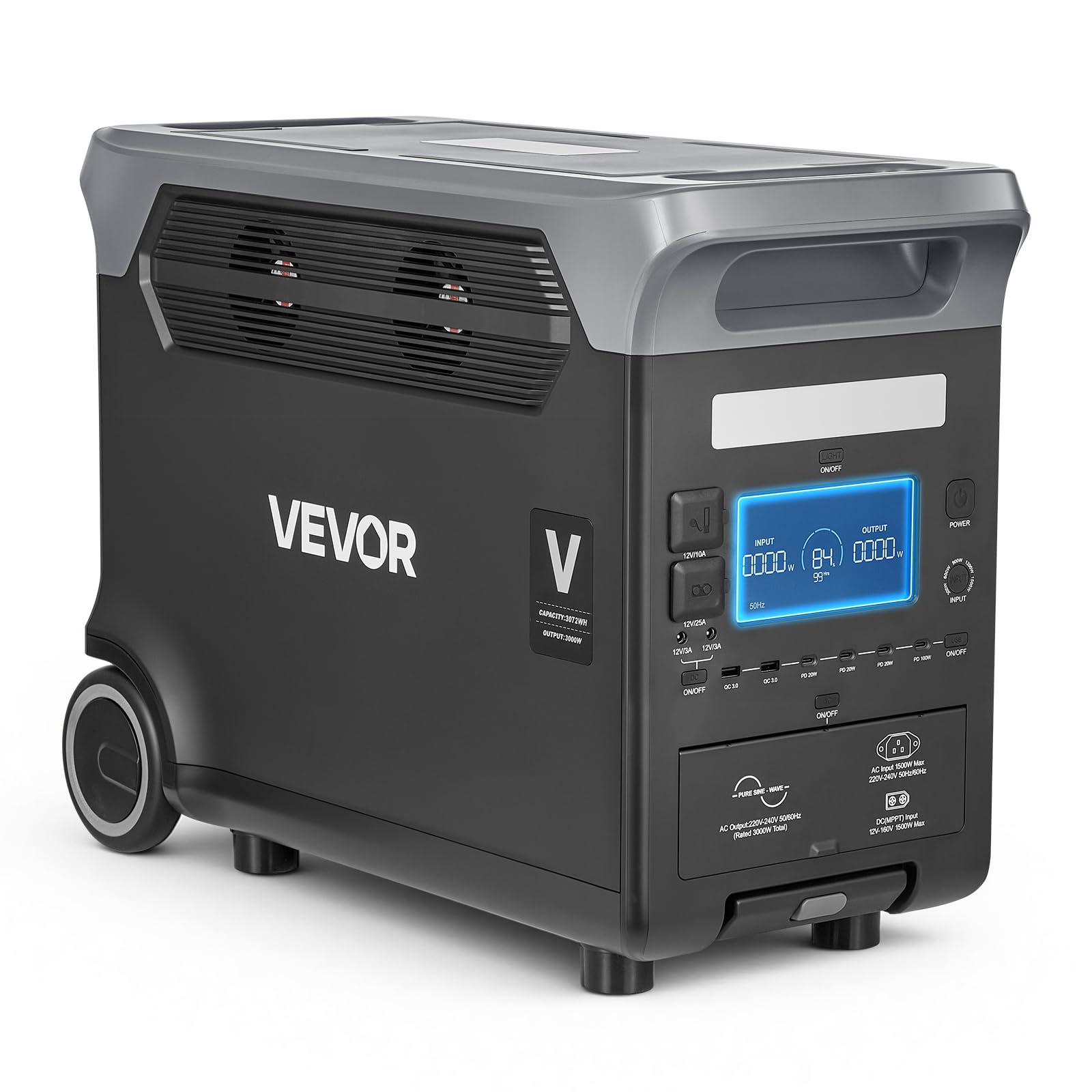 VEVOR Tragbare Powerstation 3000W Solargenerator, 3072Wh LiFePO4-Akku-Backup mit 13 Ausgangsanschlüssen