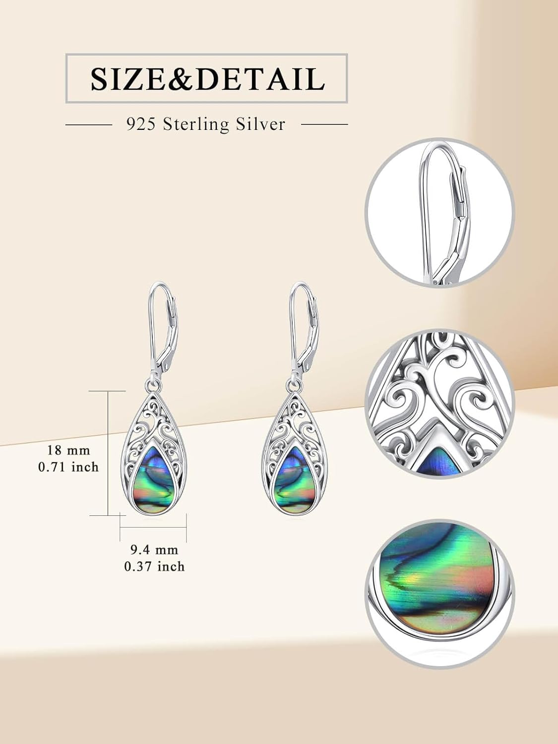 WINNICACA Filigree Abalone Shell Teardrop Earrings for Women 925 Sterling Silver Leverback Dangle Drop Earrings for Her Anniversary Birthday Valentines Day Gifts - Image 6