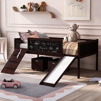 Twin Low Loft Bed - Espresso Solid Wood Kids Loft Bed with Slide & 2 Storage Boxes Espresso