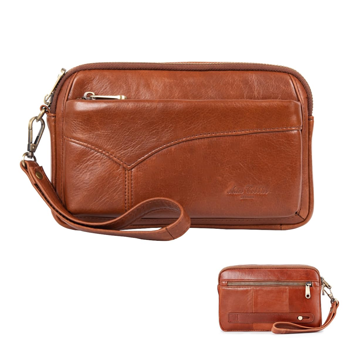 Homme Pochette Clutch Sac à Main en Cuir Véritable Grande Capacité pour Téléphone, Casual Portefeuille Long avec Dragonne Détachable, Petit Sac d'embrayage de Poignet pour Affaires Voyage Brown