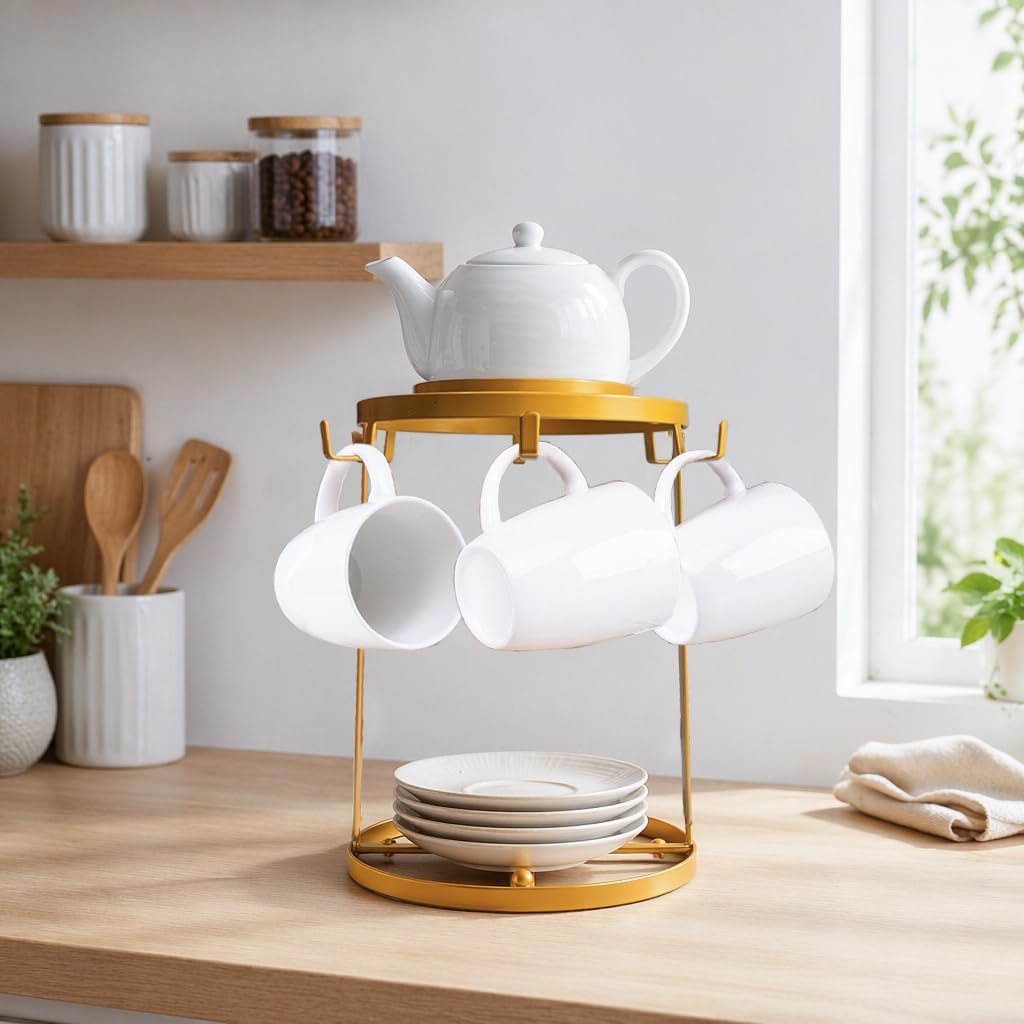 Matte Muted Gold Metal Mug and Saucer Holder Countertop 6 Hooks(Round)
