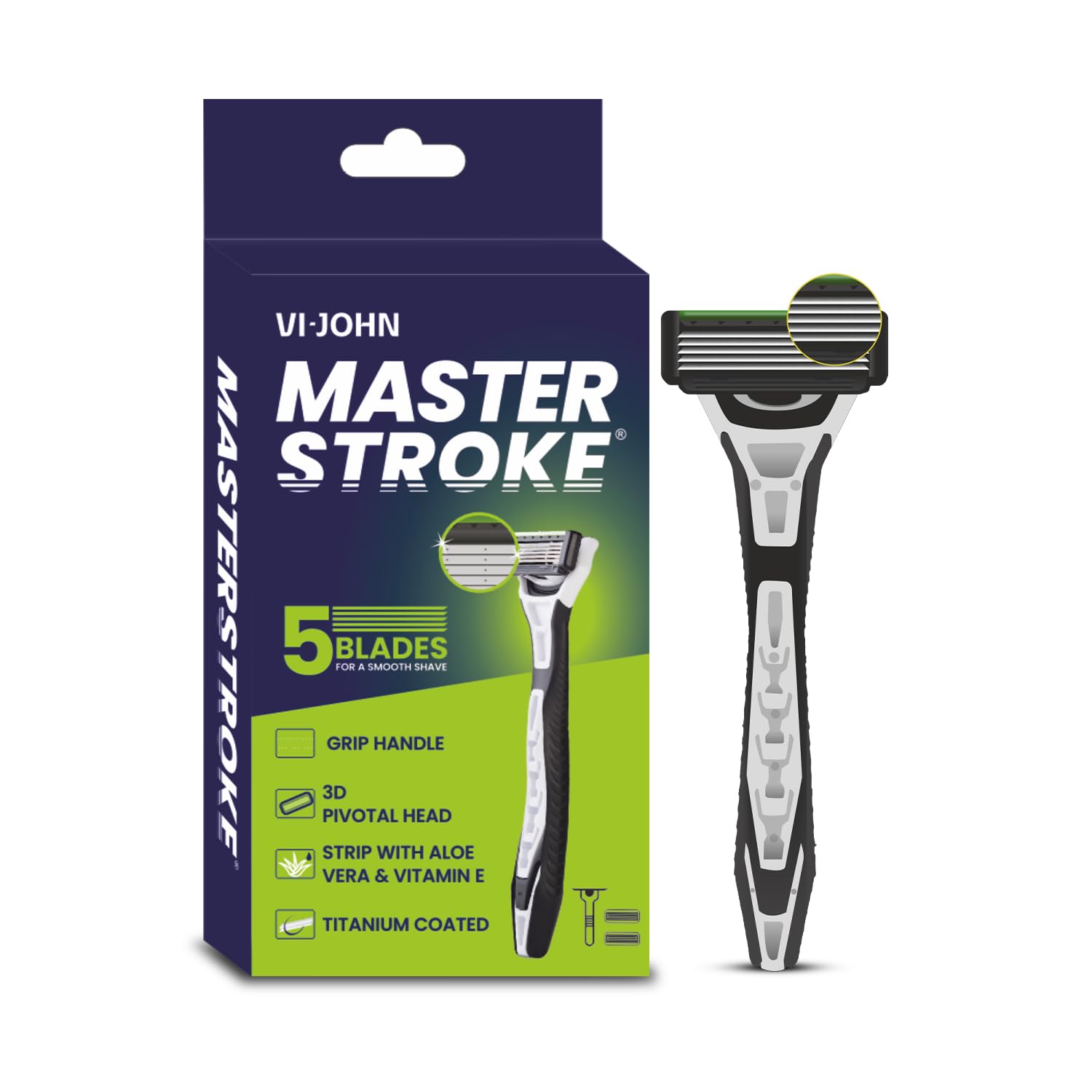 VI-JOHN Master Stroke Ultra Pro 5 Blade Shaving Razor for men with Aloe Vera and Vitamin E | Pivotal Head & Cushion Grip Handle for Easy Shaving (1 Handle + 2 Cartridges)