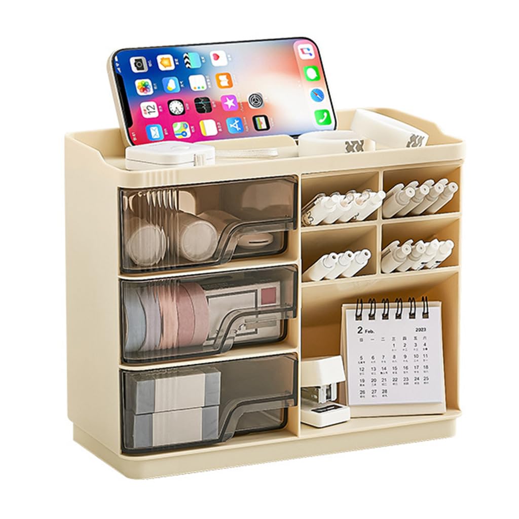 MAYCREATE® Desk Organzier Multi-Compartment Storage Organizer with Drawers & Top Platform, Makeup, Stationery, Craft Supplies & Cosmetic Storage Box for Dresser, Office Table, 23.2x11x19.4cm