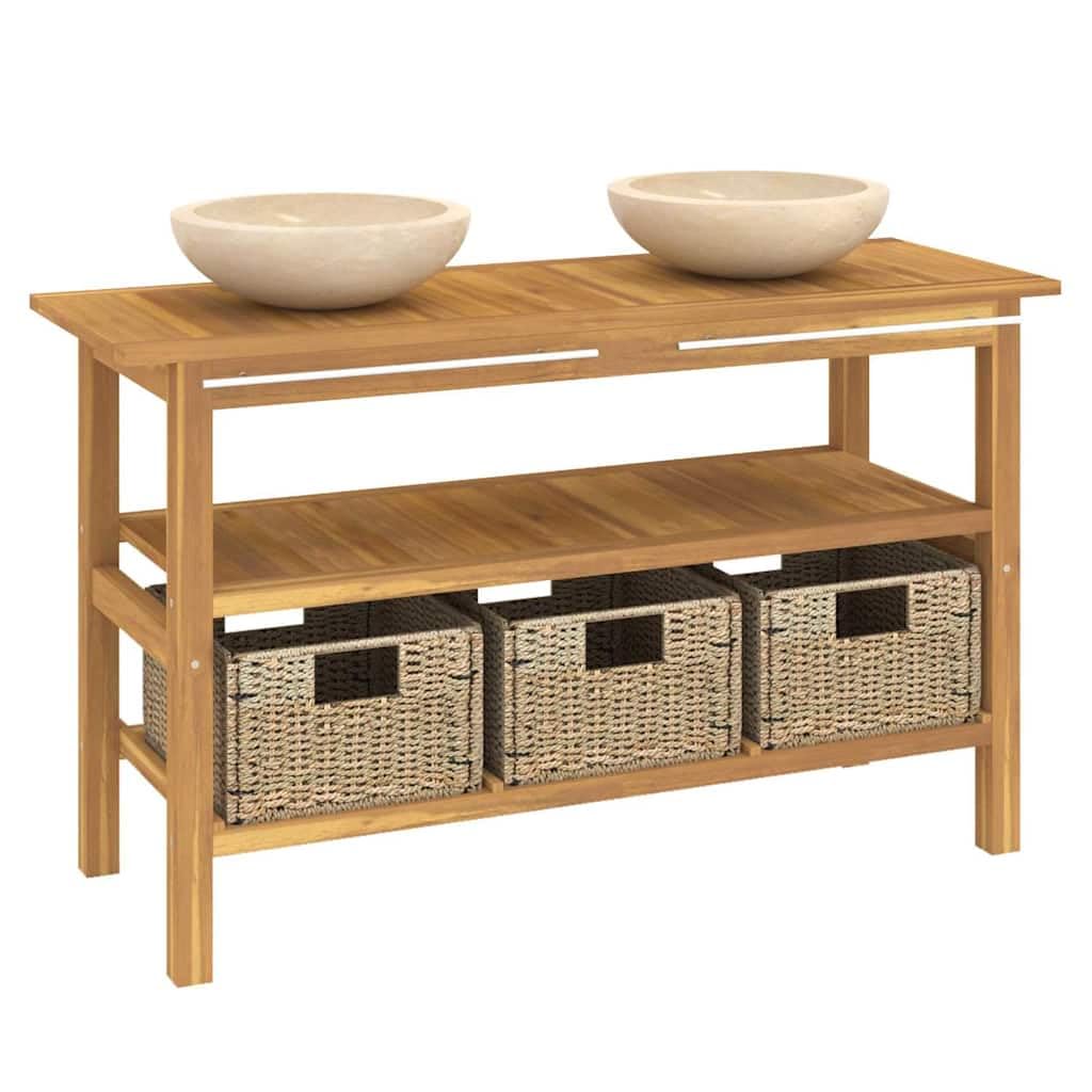 Lavabo con lavabo in marmo crema, in legno massello di teak, con 2 lavandini, 3 cestini, corrimano, ripiano e gambe di supporto, per bagno e WC degli ospiti