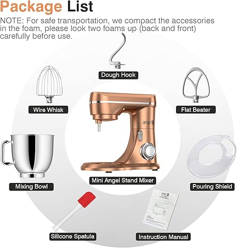 Miniatura 8 de Mini Angel - Batidora eléctrica de pie para cocina, 10 velocidades, 5 cuartos, con cabezal inclinable, gancho para masa, batidor de alambre, batidor