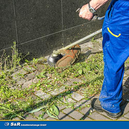 S&R Stahlbürste, Unkrautbürste 150 mm x 25,4 mm, 5-TLG Set mit Zubehör, Stahldraht gezopft, Kegelbürste für Rasentrimmer, Motorsense, Freischneider gegen Unkraut, Moos, Starke Verunreinigungen