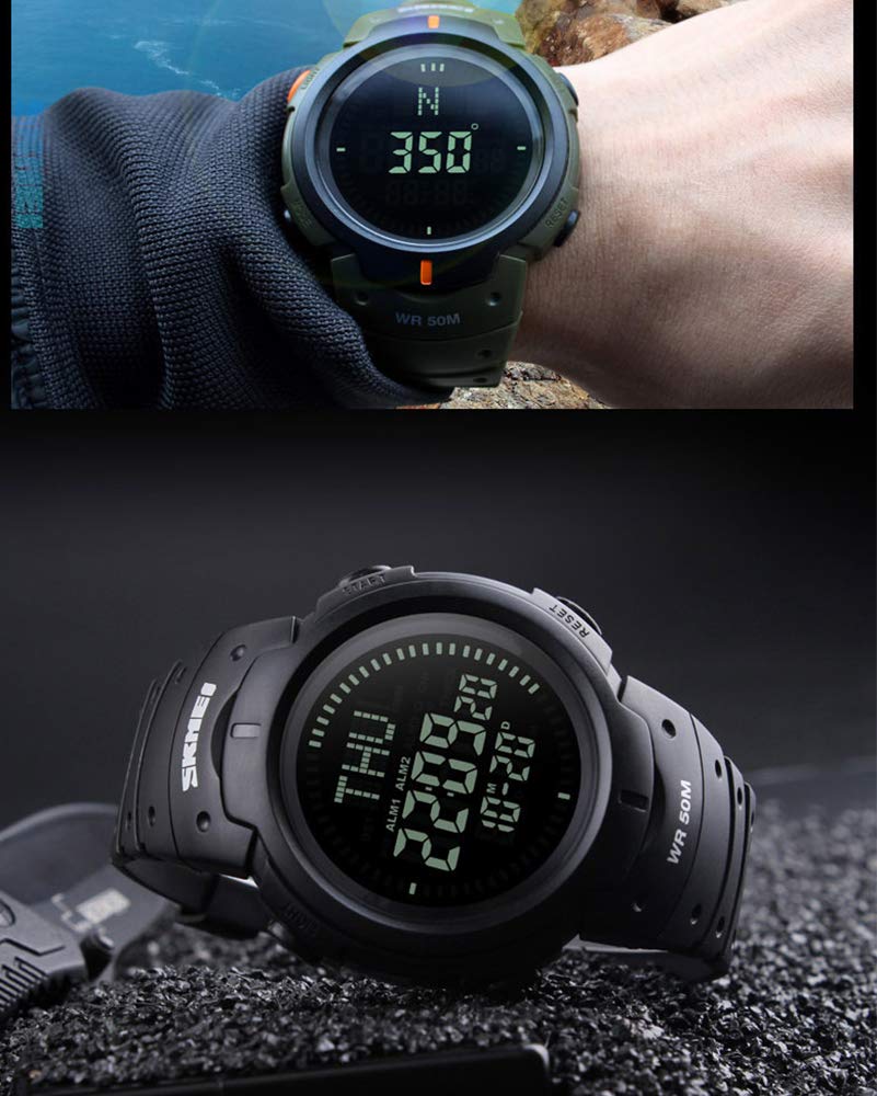Montre numérique de sport militaire pour homme avec boussole de survie étanche jusqu'à 50 m, compte à rebours 3 alarmes, chronomètre (C-noir) (vert armée)