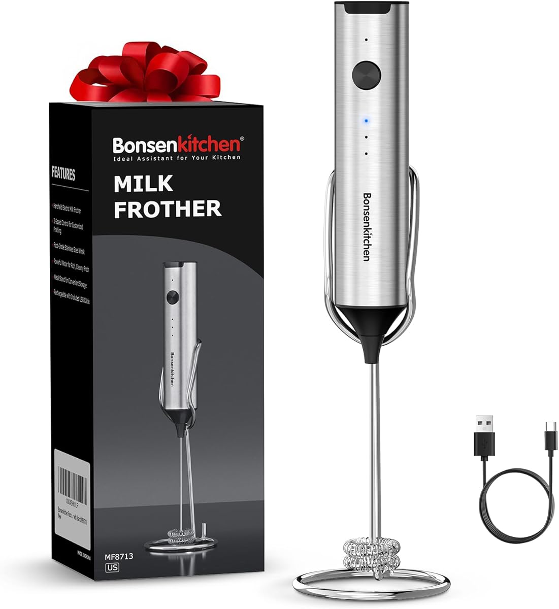 Bonsenkitchen Rechargeable Milk Frother with Stand, Handheld 3-Speed Coffee Frother, Dual Spring Whisk Electric Hand Frother Wand Drink Mixer for Matcha Lattes Cappuccino, Kitchen Gifts