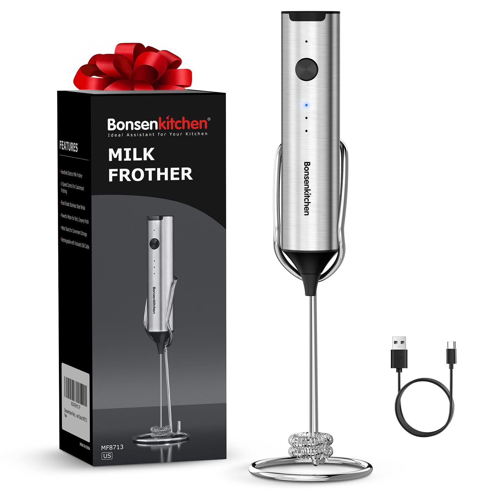 Bonsenkitchen Rechargeable Milk Frother with Stand, Handheld 3-Speed Coffee Frother, Dual Spring Whisk Electric Hand Frother Wand Drink Mixer for Matcha Lattes Cappuccino, Kitchen Gifts