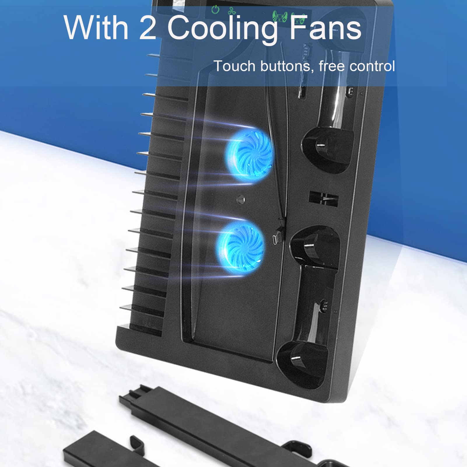 Soporte de Ventilador de Refrigeración Vertical para Consola PS5, Cargador de Controladores Duales de Ediciones Digitales, 2 Ventiladores de Refrigeración Silenciosos, Ranuras de Almacenamiento de Jue