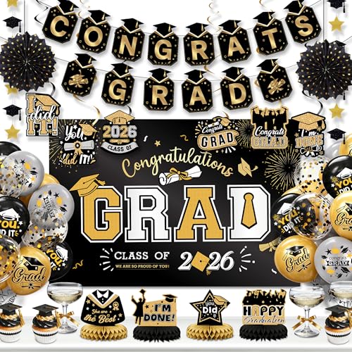 Image of Party Spot！2026 Graduation Party Decorations-Class of 2026 Backdrop,Gold and Black Graduation Party Decoration Set,Congrats Grad Banner,Hanging Swirl & Honeycomb Party Decor for Graduation