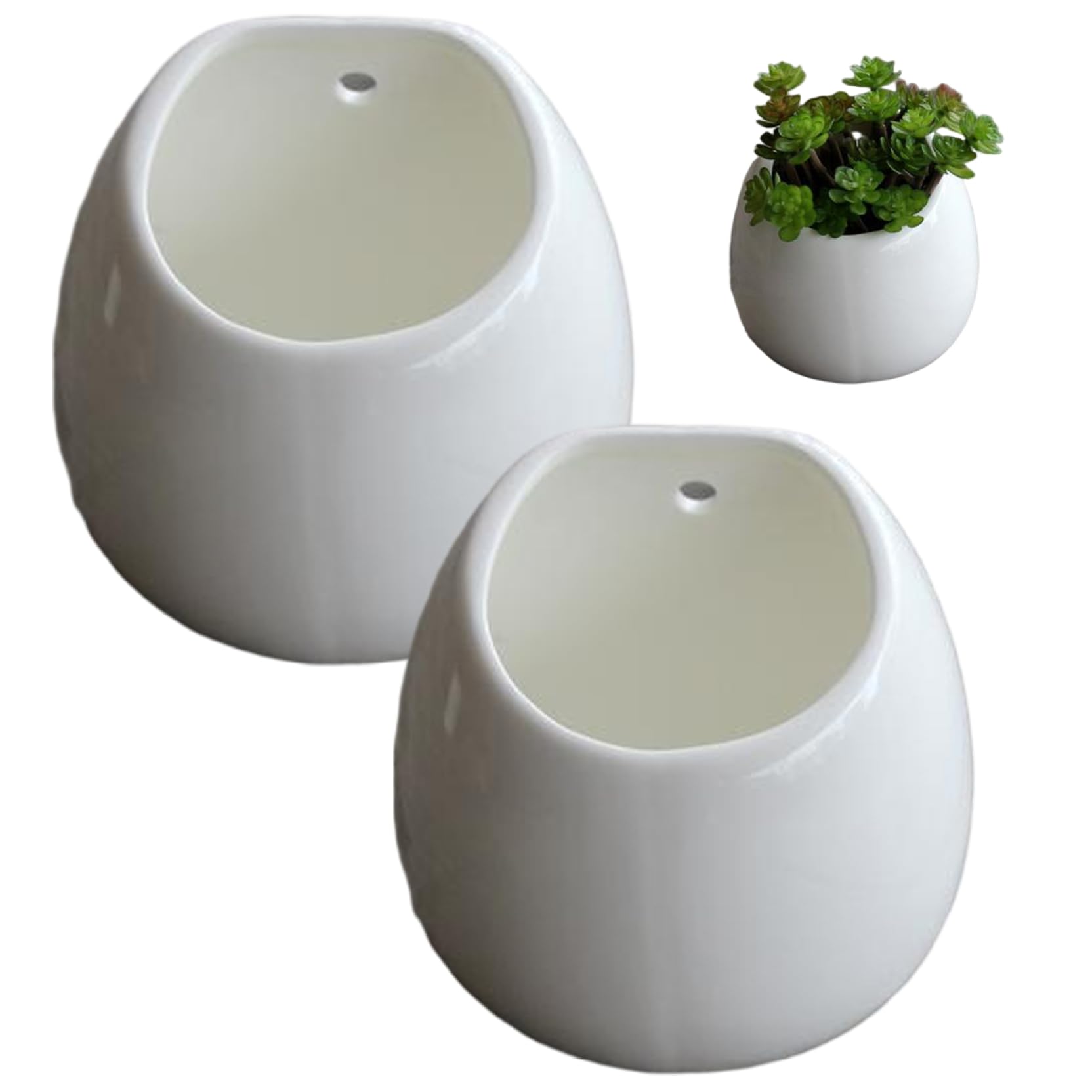 Gemuseeee 2-Pack Ceramic Wall Planter with Hanging Hole Modern Hanging Plant Pot for Succulents and Small Plants Indoor Home Decor Planter, White Ceramic Wall, Indoor, P