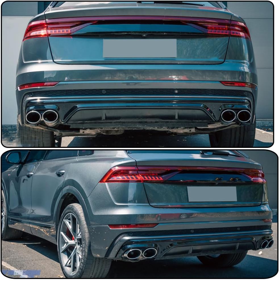 Gloss Black Rear Bumper Diffuser for Audi Q8 SQ8 2019-2022 PP Lower Bumper Lip Spoiler Valance Protector Factory Outlet with Exhaust Pipe
