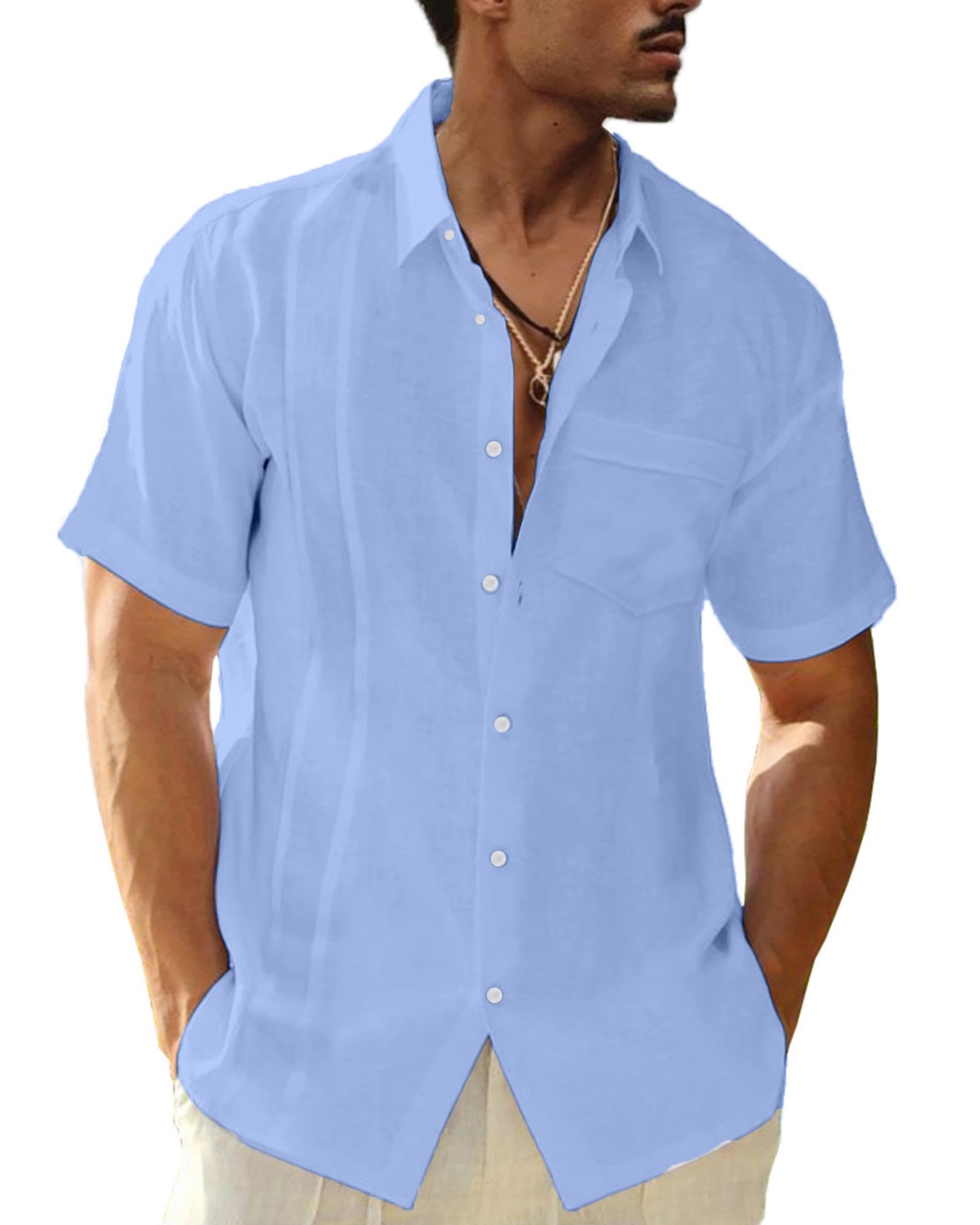 LVCBL Herren Leinen Kurzarm Hemd Sommerhemd Freizeithemd mit Brusttasche Regular Fit Men Shirts