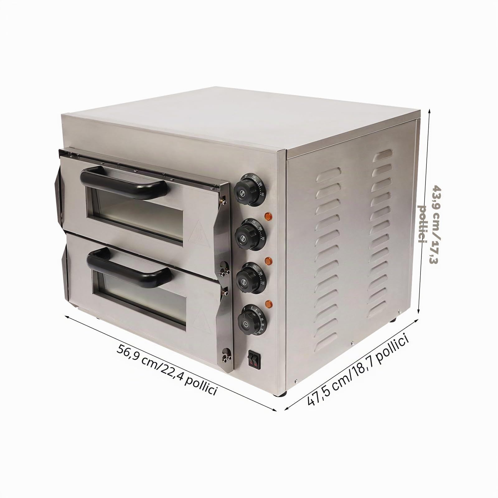 Forno per pizza a doppio piano, 3000 W, 2 piani, temperatura regolabile da 50 a 350 °C, 20 l per livello, timer da 1 a 60 minuti, per pizza napoletana, acciaio inox, argento