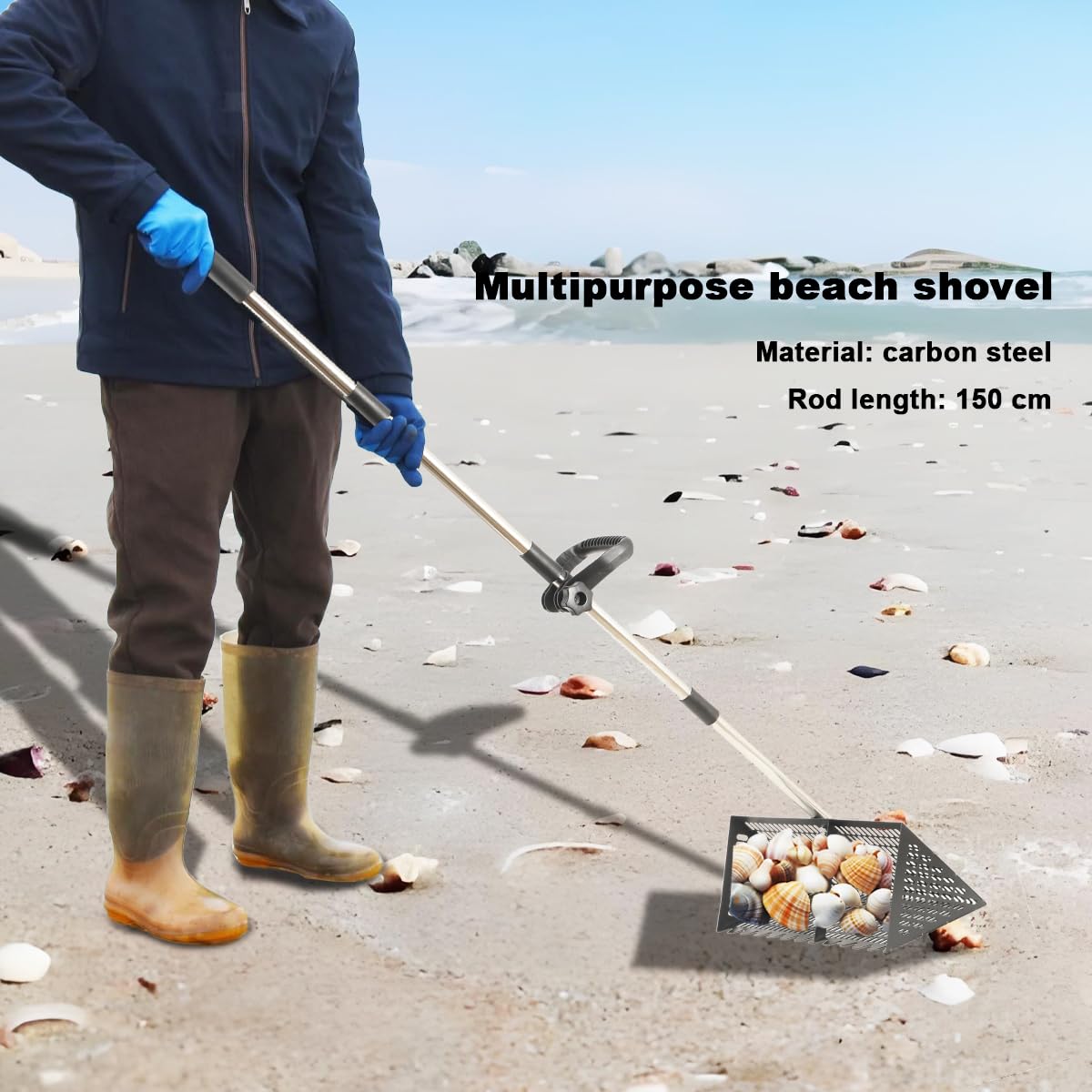 Râteau de plage,Râteau à puces de sable, pelle à sable de plage en acier inoxydable avec large panier, râteau à long manche détachable pour peigner la plage, tamiser le sable et chasse au, Noir