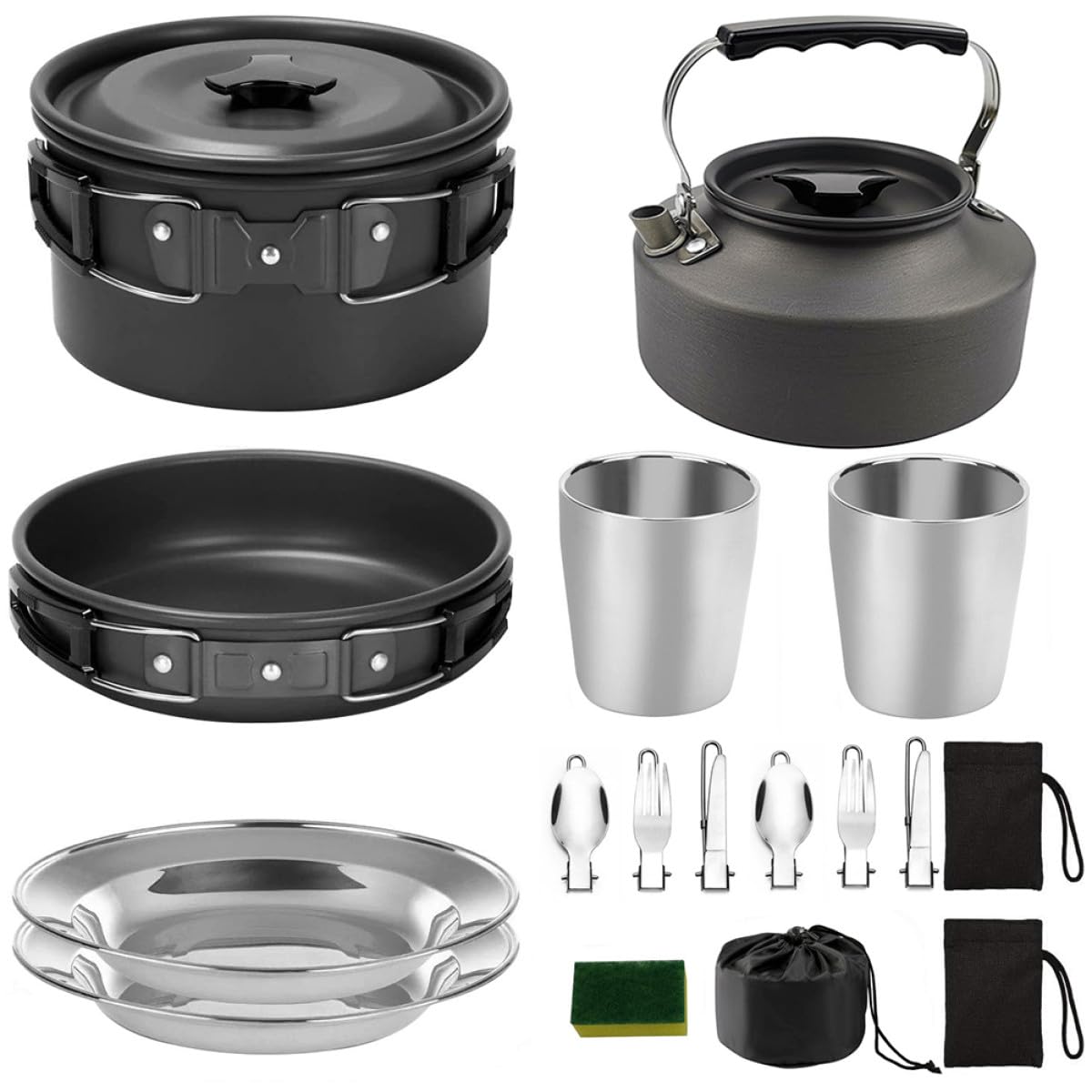 CLISPEED Juego de Utensilios de Cocina para Camping Tetera y Platos, Aleación de Aluminio Negro, Antiadherente y Portátil para Senderismo y Mochileros