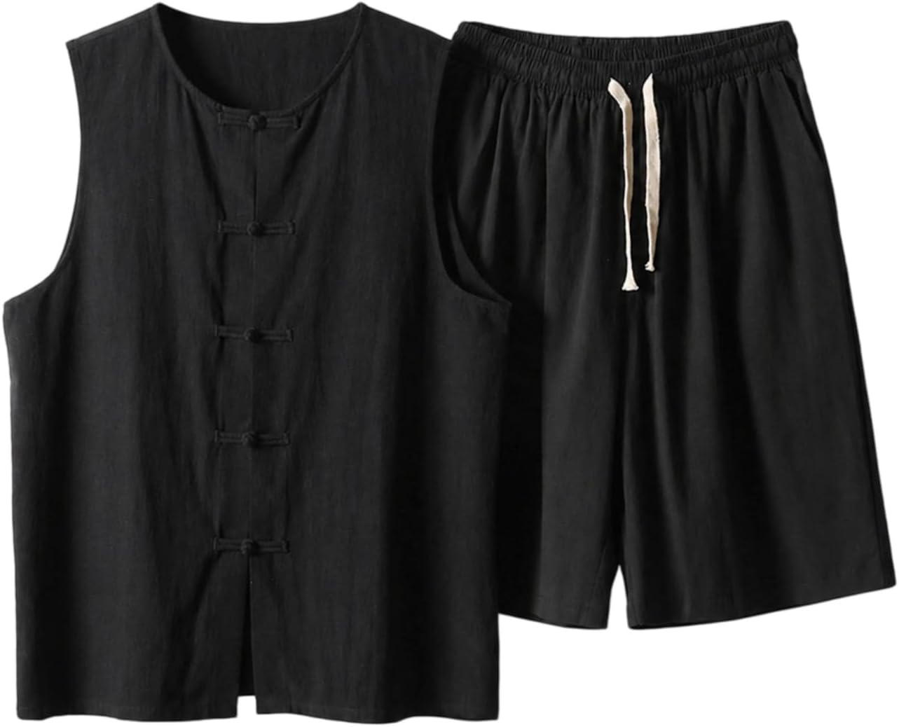 Men's Cotton Chinese Style Sleeveless Vest Set Casual Vest Top and Shorts 2 Piece Summer Outfit