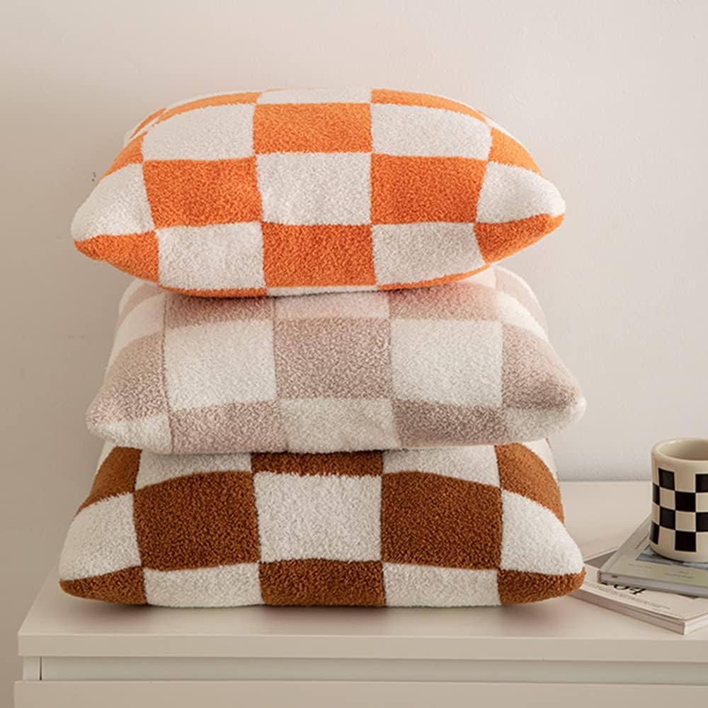 NIDITW Set of 2 Orange Checkered Pillow Covers 18x18 Inches Ultra Soft Microfiber Both Sided Gingham Pattern Invisible Zipper for Sofa Couch Bed Decor (Orange)