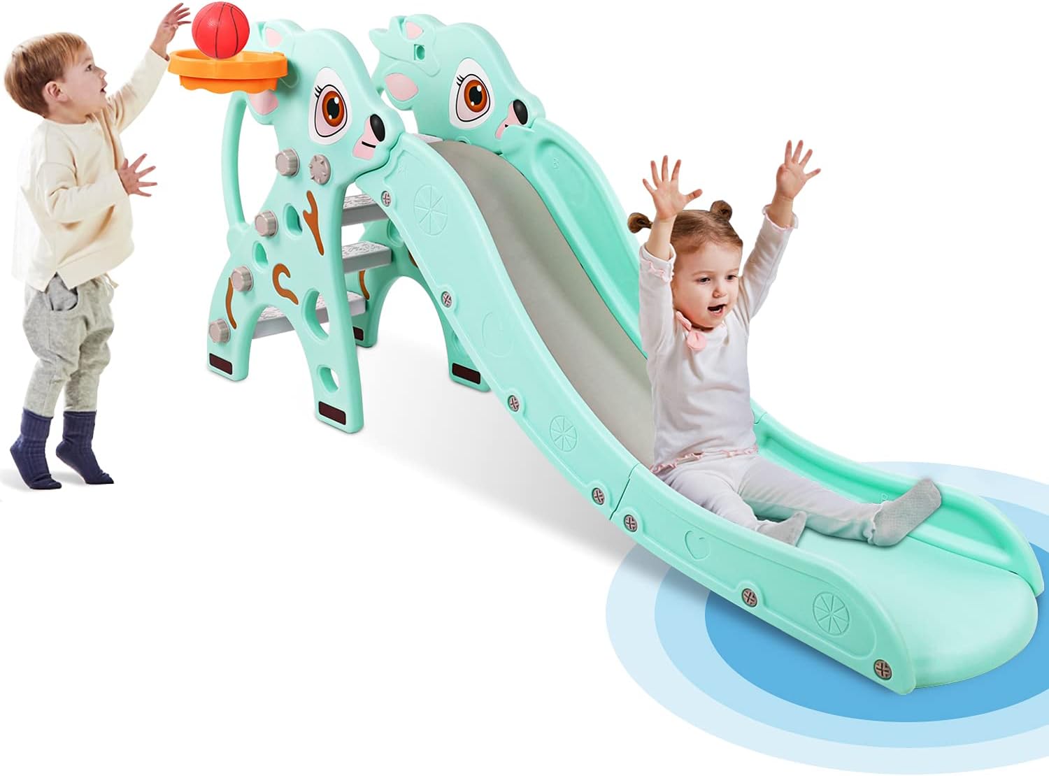 Naice Kids Slide, Upgraded 63" Toddler Slide Climber, Heightened Guardrail, Sturdy Frame with Basketball Hoop, Extra Long Indoor Slide for Old Boys Girls, Outdoor Playset Toys, Baby Gift