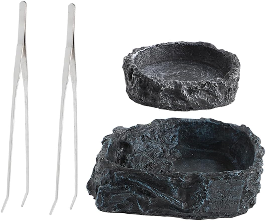 TOYANDONA Reptile Food Dish and Water Bowl Set with 2 Curved 27cm Feeding Tongs, Small Gray Resin Bowl and Large Snake Tank Dish for Bearded Dragon and Hermit Crab Feeding