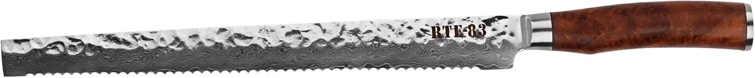 Route83 Signature 12" Serrated Bread Carving Knife Handmade Hammered Damascus American Mahogany