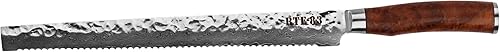 Route83 Signature - Cuchillo de trinchar pan serrado (12.0in, hecho a mano, damasco martillado, caoba americana)
