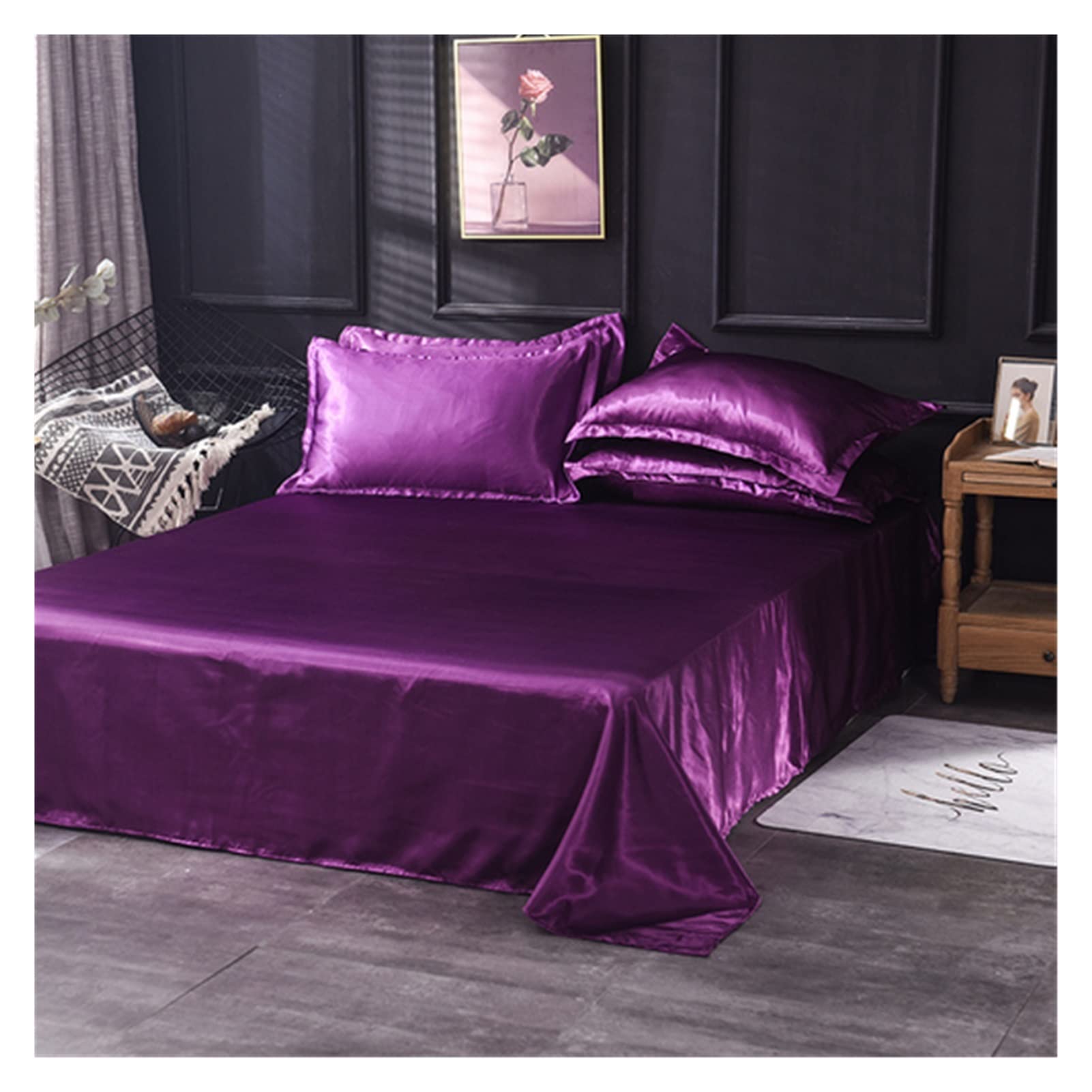 Ice Silk Bed Sheet Flat Sheet Solid Color Ice Silk Satin Fabric Bedding Queen King Size Luxury Bed Sheet Bedclothes Bed Sheets and Pillowcases(Purple,48x74 2pc pillowcase)