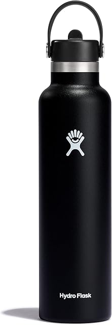 HYDRO FLASK - Water Bottle 709 ml (24 oz) with Flex Straw Cap - Vacuum Insulated Stainless Steel Reusable Water Bottle - Leakproof Lid - Hot and Cold Drinks - Standard Mouth - BPA-Free - Black
