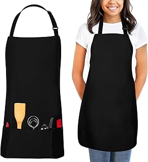 100% Cotton Black Apron, BBQ Apron, Chef Apron with 3 Big Pockets, Adjustable Bib Apron for Men Women, Perfect for Kitchen, Barbecue, Restaurant, Bistro, Cooking, Baking, Drawing, Gardening
