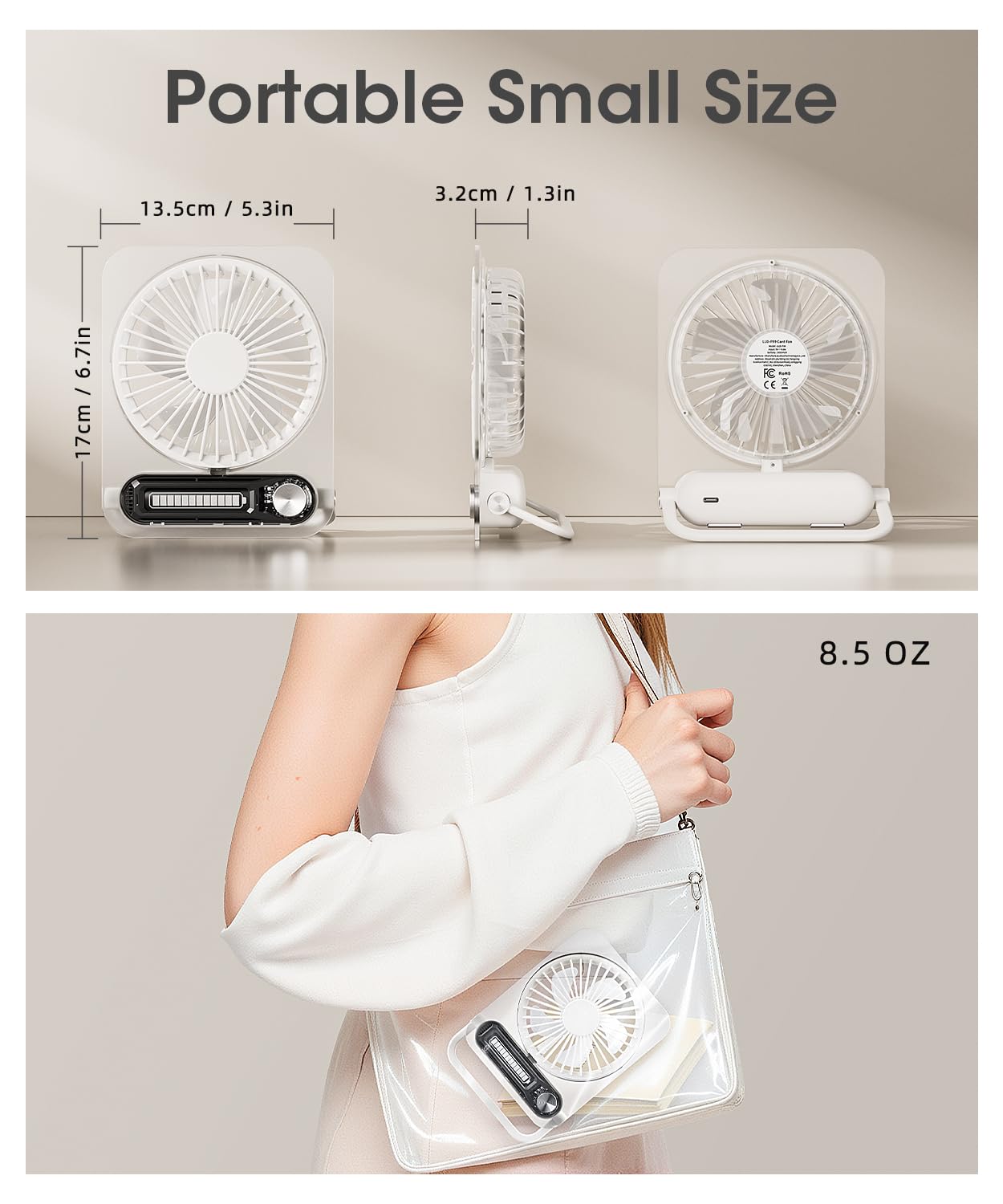 Ventilador de escritorio pequeño, silencioso, ventilador portátil personal, funciona con pilas recargables y alimentado por USB, delgado y plegable, 3 velocidades para escritorio de mesa en 6