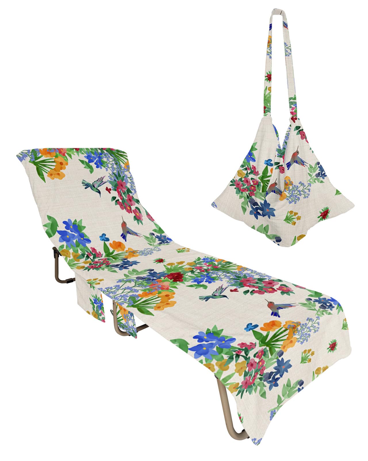 Farmhouse Plants Beach Chair Towel Covers for Chaise Lounge with Side Pocket, Soft Plush Pool Towels Cover for Patio Sunbathing Outdoor 29''x85'' Botanical Blooms Flower Leaves