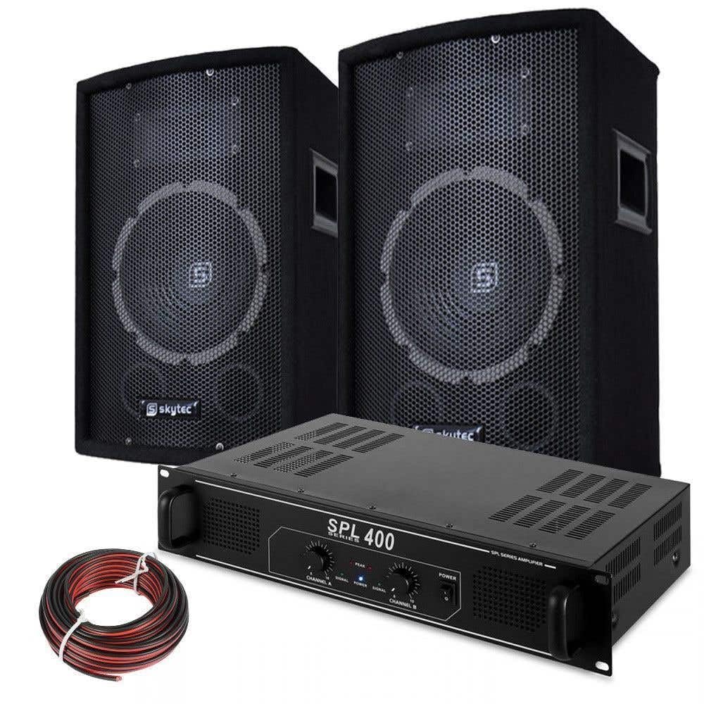 Skytec Pack DJ - 2 Enceintes 8 Pouces avec Poignées Intégrées, Amplificateur Professionnel et Câble Inclus, Puissance 400W, Idéal pour DJ Mobiles
