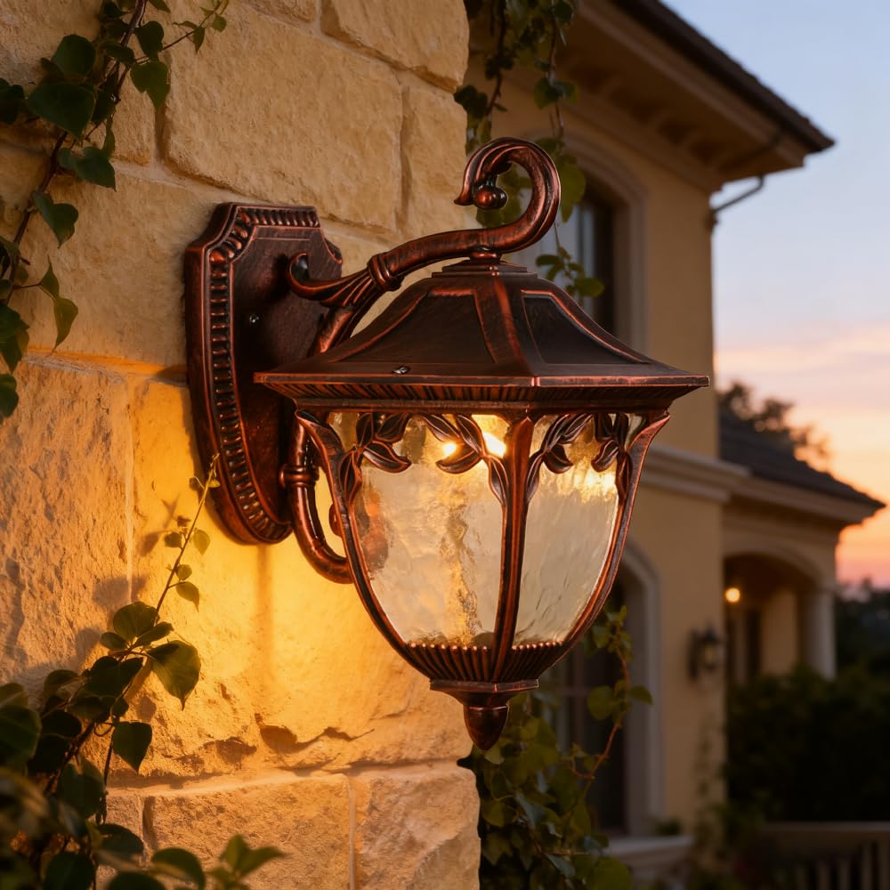 YHYAI Retro European Style Outdoor Wall lamp,Bronze Antique-Style Balcony lamp,Frosted Glass lampshade with Water Ripple Pattern,Suitable for Courtyard,Porch,Corridor Walls (BD-39)