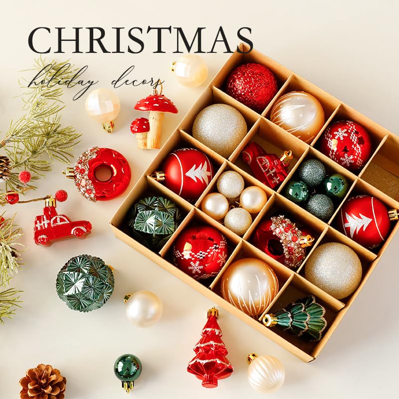 Decorazioni dell'albero di Natale, Set di ornamenti della sfera di Natale,degli ornamenti di Natale Balls Shatterproof Hanging Ornaments Kit (32Set rossi e verdi)