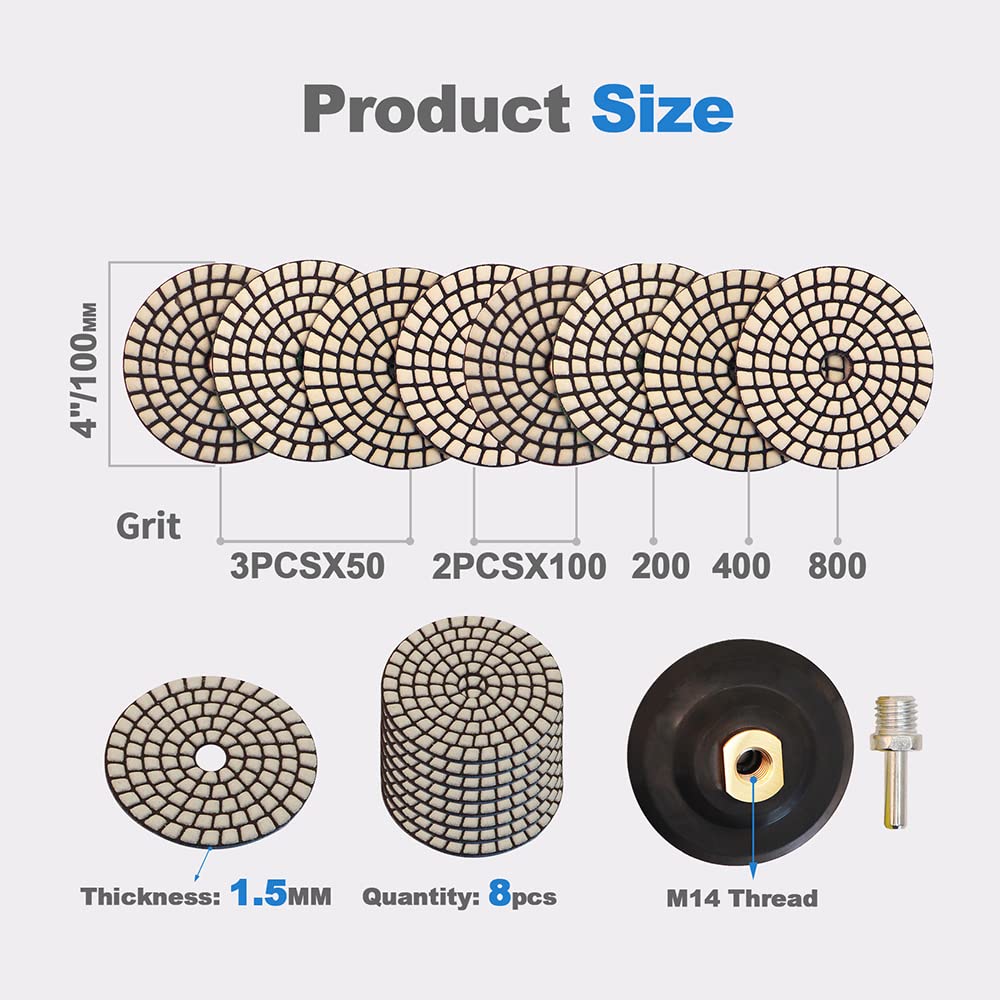 HIGHDRIL Disque de Polissage Diamant - 8PCS (#50x3/#100x2/#200/#400/#800) 100MM avec Support en Caoutchouc + Adaptateur M14 pour Granit Pierre Marbre Kit de Polissage pour Perceuse Meuleuse Polisseuse