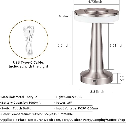 Miniatura 6 de Lámpara de escritorio recargable con batería con sensor táctil (2600 mAh), lámpara de mesa LED portátil inalámbrica, regulable de tres niveles,