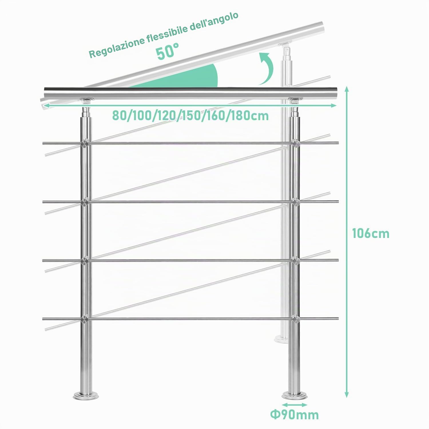 Fiqops Corrimano in acciaio inox, Ringhiera per scale esterni e interni 100 cm con 4 barre trasversali Ø 42 mm regolabile ad angolo per scale, giardino, ingresso casa, parapetto