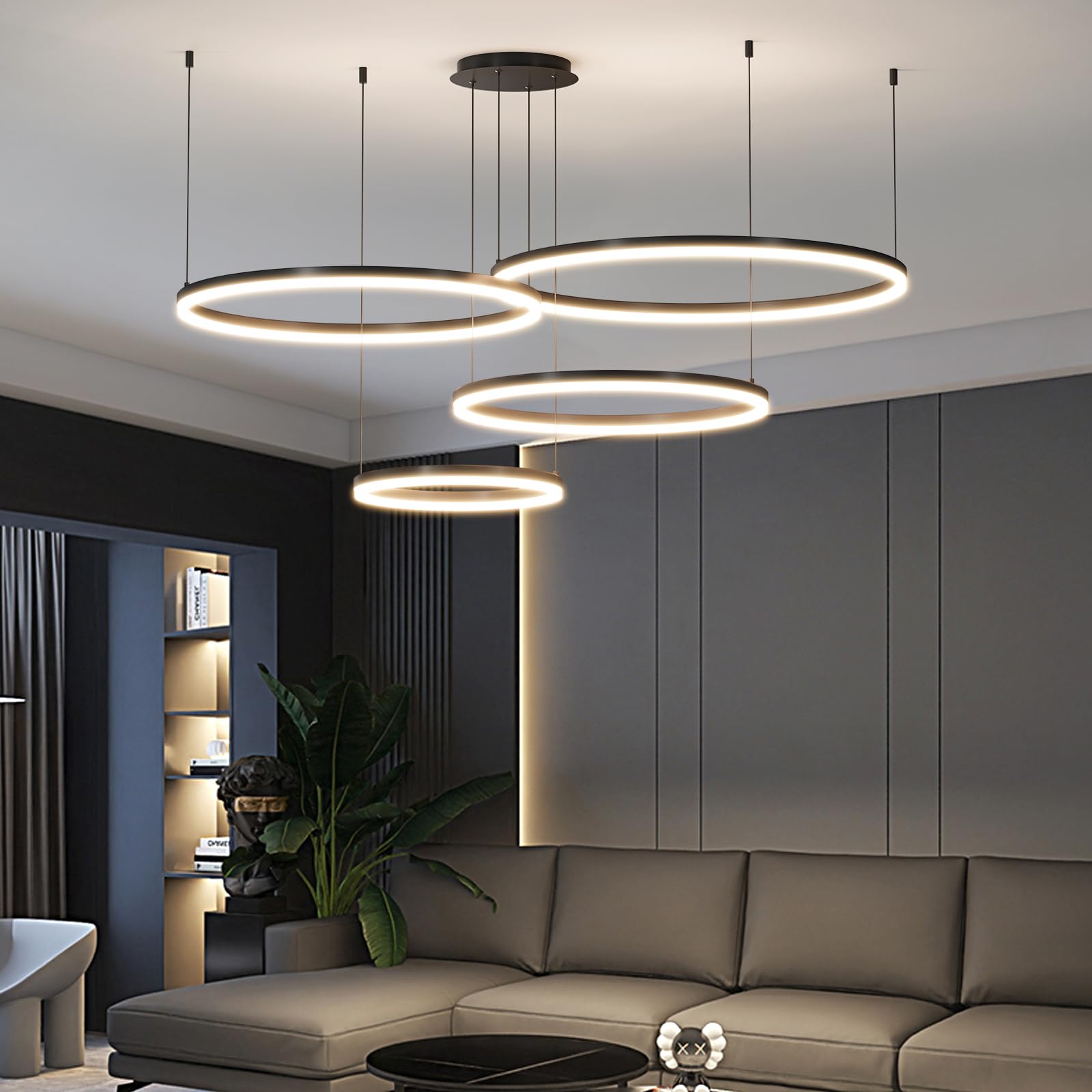 Lampadario LED Moderno A 4 Cerchi Per Soggiorno - Diametro 30+40+60+80 Cm, Dimmerabile Con Telecomando, Design Sospeso Regolabile