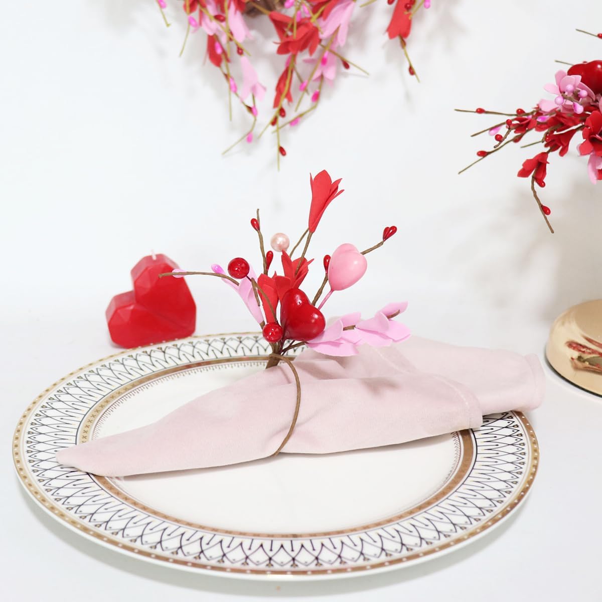 Heart Flower Napkin Rings Set of 6, Valentine's Day Red Pink Floral Heart Shape Artificial Leaves Napkin Holders Table Decor for Valentines Wedding Anniversary Birthday Party Decoration Supplies image 5