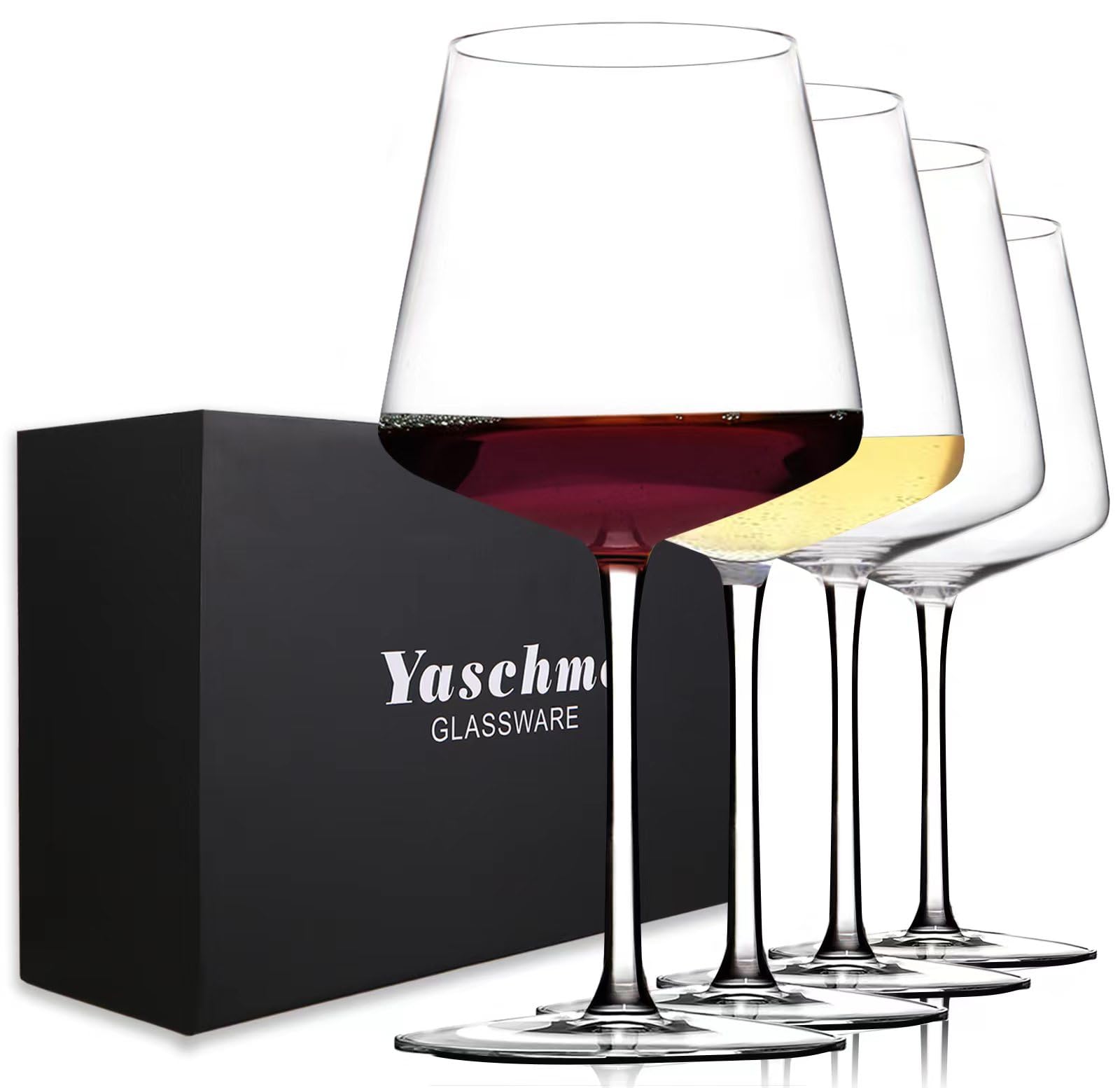 Yaschmo Wine Glasses Set of 4, 18oz Modern Crystal Glasses, Hand Blown