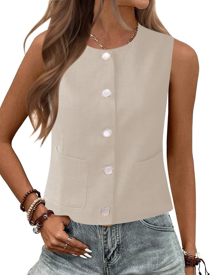 Rapbin Womens Vest Sleeveless Button Down Vest Tops Crew Neck Casual Dressy Waistcoat Business Outfits Suit Fashion