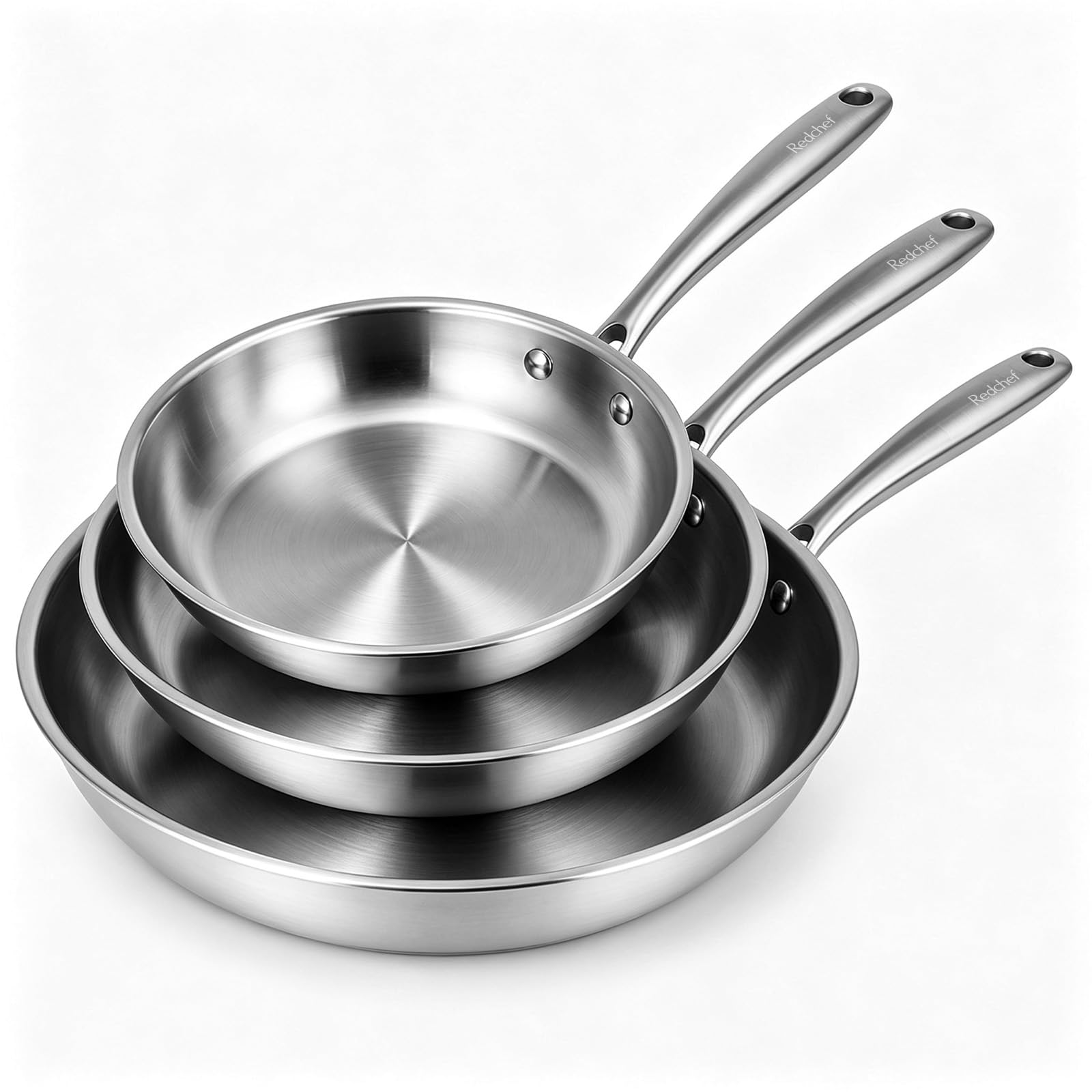Redchef Jeu de 3 poêles à frire en acier inoxydable | Batterie de cuisine à induction | Poêles sans revêtement non toxiques pour saisir et cuisiner | Allant au four (20 cm, 24 cm, 28 cm)