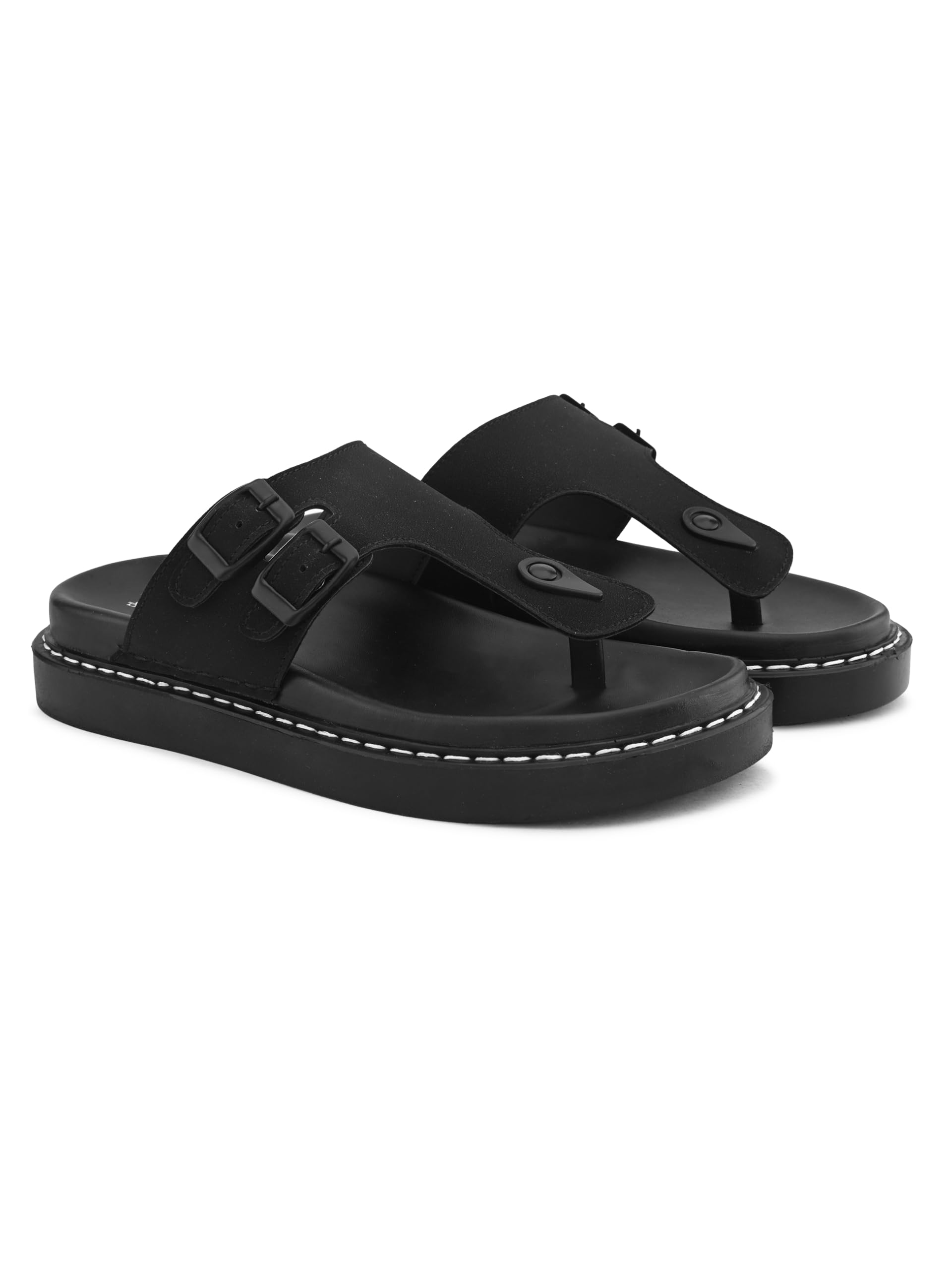 san frissco Men's Sandals with Round Toe | Perfect Fit for Summer and Rainy Season Anti-Slippery with PU Footbed Easy to Walk Slipper, Chappal | Stylish Casual Comfortable Floaters for Men - (BLACK)7-picture-25