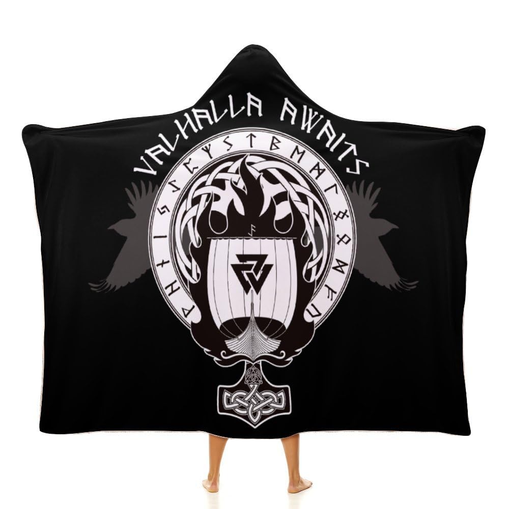 NIBABA Warship Viking Drakkar Valhalla Norse Hooded Blanket, Warm Cosy Blanket Pajamas for Women, Cozy Plush Comfy Microfiber Thermal Throw Hoodie Blanket for Girls 40x50inches (100x130cm)