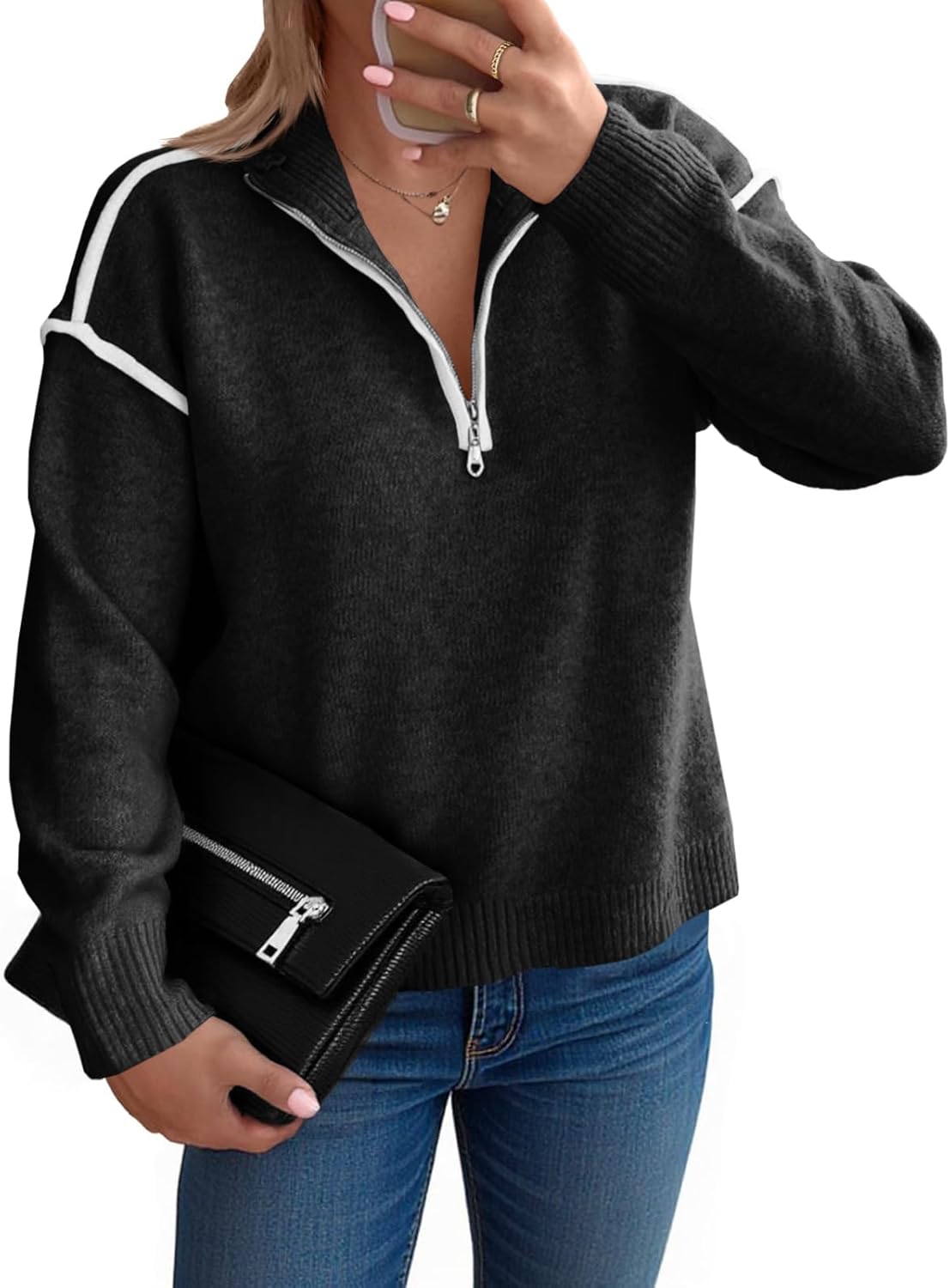 Saodimallsu Womens Quarter Zip Pullover Sweaters Casual Collared V Neck Color Block Long Sleeve Loose Knit Fall Sweater