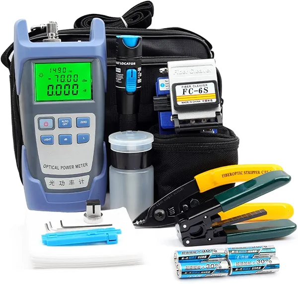 FC-6S FTTH Fiber Optic Cold Connection Assembly Termination Tools Kit Bag with Visual Fault Locator Fiber Cleaver SC FC Connector Optical Power Meter Finder Cable Tester Stripper Tool Dust Free Paper