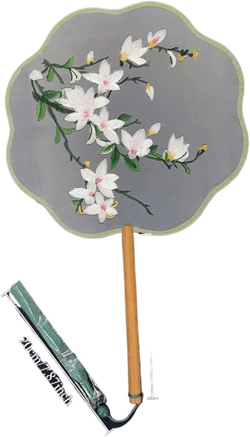 Handheld Embroidered Fans Chinese Ancient Style Long Handle Double Sided Embroidery Machine Embroidery Round Fan